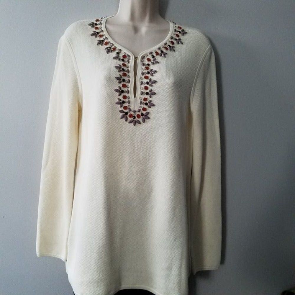 TORY BURCH off-white knit sweater embellished tunic top sz S